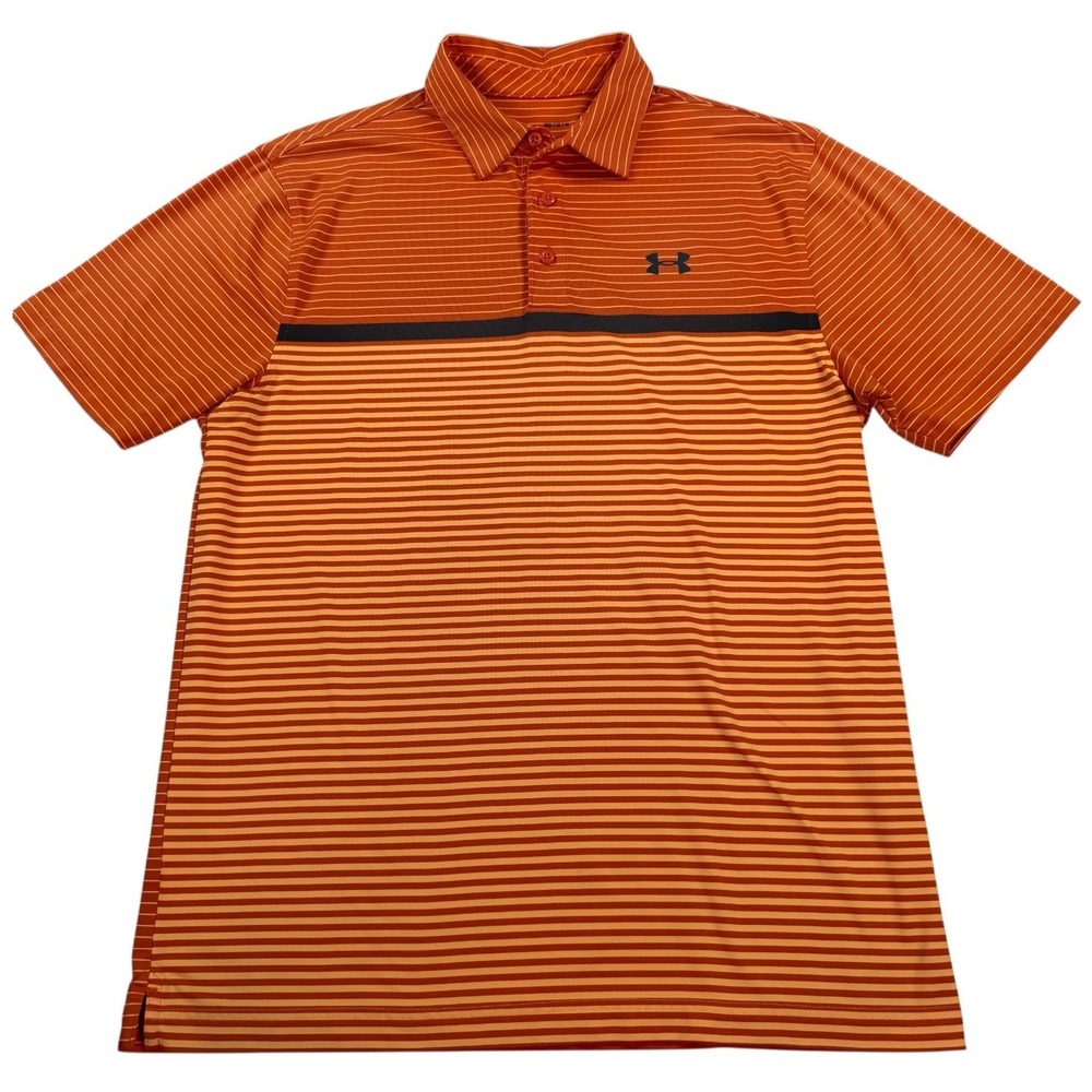 Under Armour‎ HeatGear Golf Polo Shirt Mens Medium Orange Striped Loose Fit